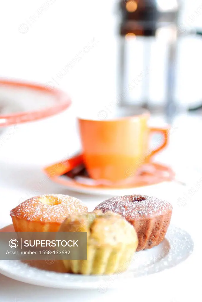 Coffee-table, cup, plates, muffins, fuzziness, broached, covered, coffee-cup, orange, coffee pot, mug, Kuchnteller, pastries, sweetly, sweet, Backwera...