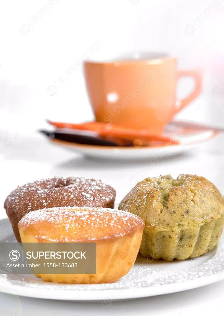 Coffee-table, cup, plates, muffins, fuzziness, broached, covered, coffee-cup, orange, Kuchnteller, pastries, sweetly, sweet, Backwerane, tarts, small-...