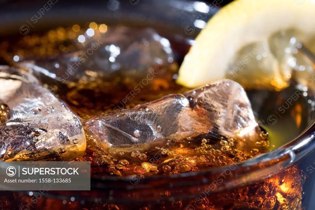Glass, Softdrink, coke, ice-dice, lemon slice, close-up, series, beverage, soda, caffeine-containing, gloomily, dice, ice, iced, cooling, coolly, refr...