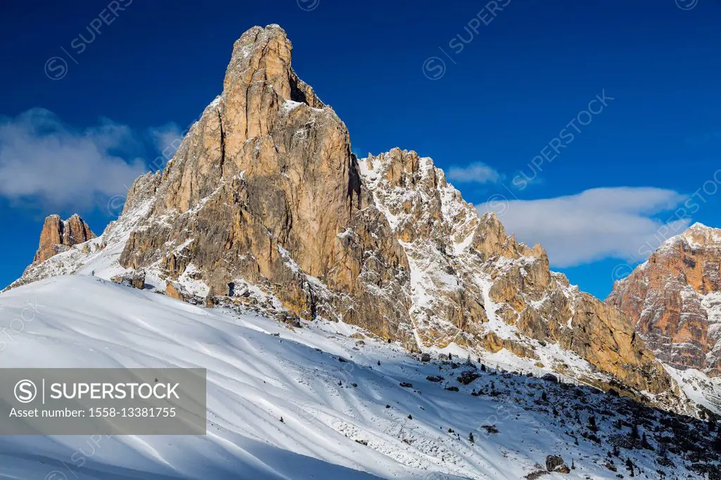 Italy, Alps, Dolomites, Mountains, View from Passo Giau, Nuvolau, Winter Dolomites