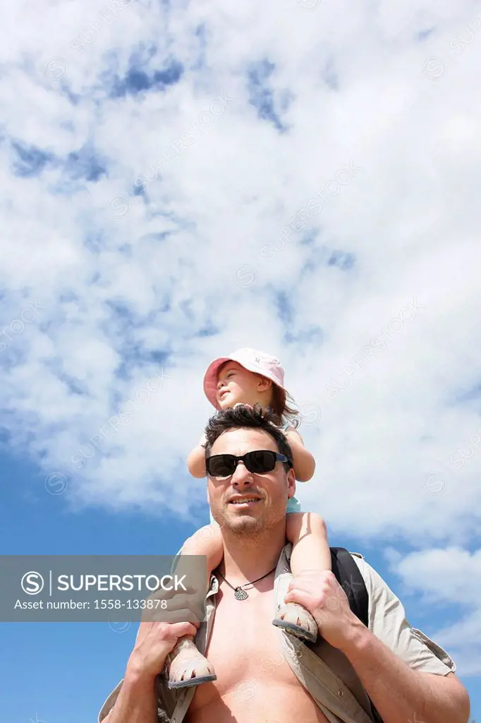 Father, daughter, shoulders, carries, summer, outside, semi-portrait,