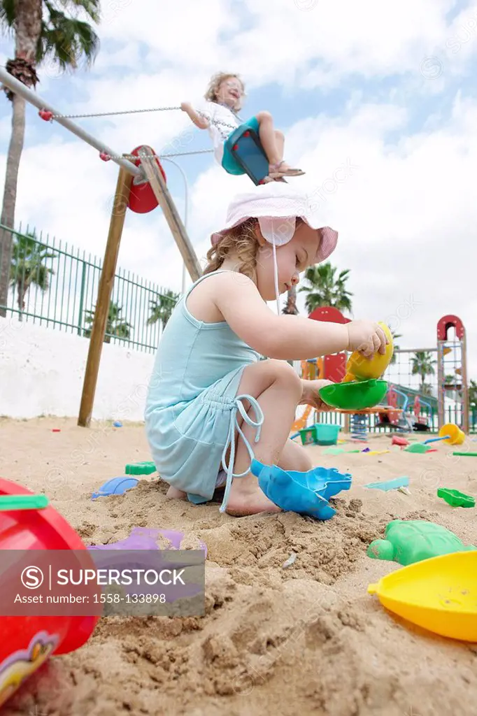 Toddler, playground, sandbox, plays, girl, background, swing,