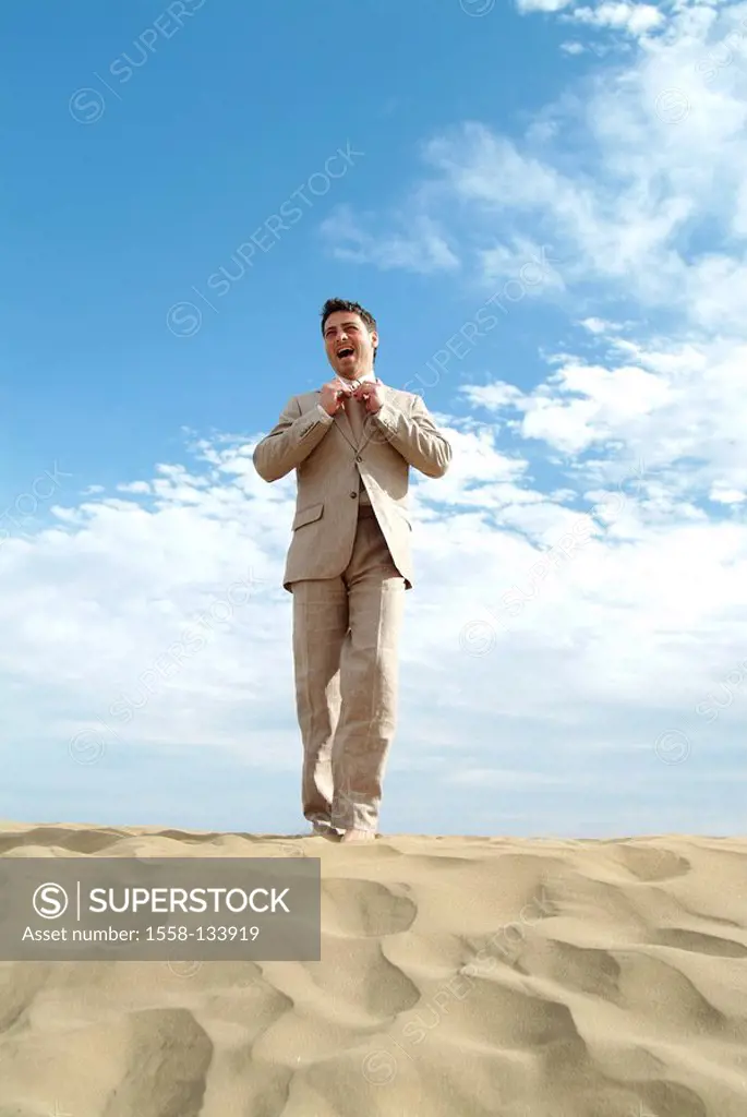 Man, suit, beach, going, happy,