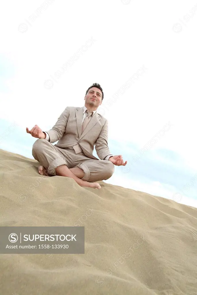 Man, suit, beach, sitting, Yoga, meditation,