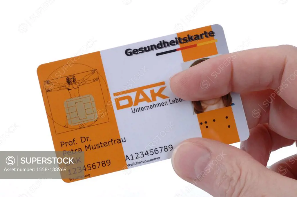 Person, hand, policy holder-card, DAK, no property release, holds health insurance company, legally, patient, sick, healthy, health, chip, electronica...