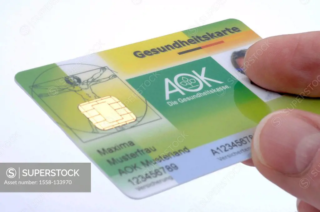 Person, hand, policy holder-card, AOK, no property release, holds health insurance company, legally, patient, sick, healthy, health, chip, electronica...