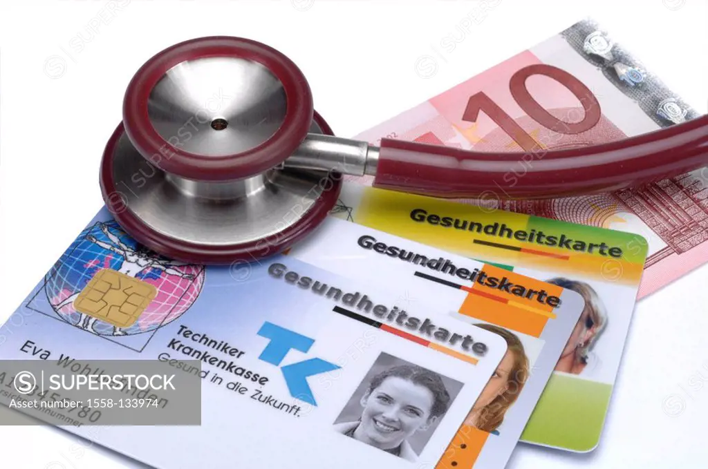 Stethoscope, detail, policy holder-cards, ten-Euro-bank note, no property release, health insurance companies, differently, legally, health, illness, ...