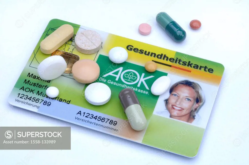 Policy holder-card, AOK, pills, pills, capsules, no property release, health insurance company, legally, health, illness, chip-card, health-card, heal...