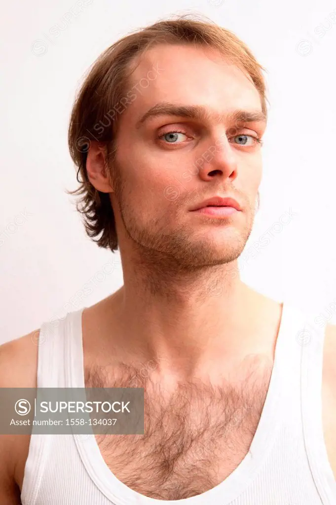 Man, young, seriously, undershirt, portrait, people, 20-30 years, 30-40 years, dark-blond, Dreitagebart, Brustbehaarung, alone, lost in thought, appra...