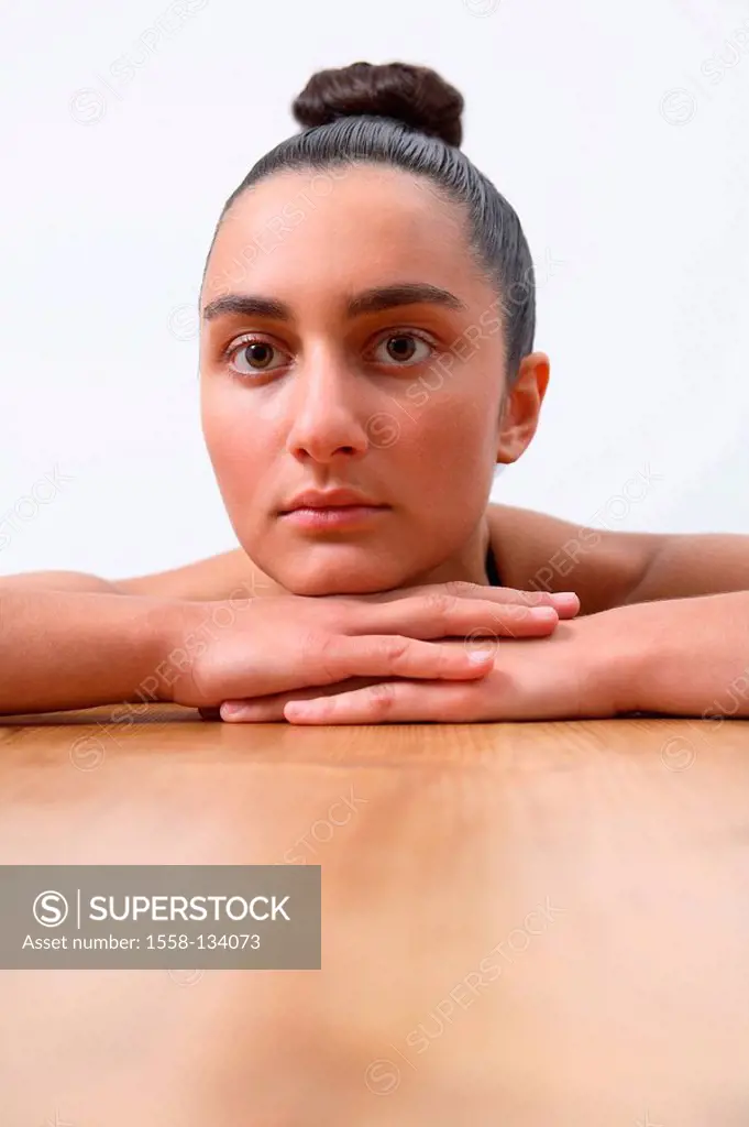 Table, woman, young, hair-knots, seriously, thoughtfully, portrait, people, girl, 16-20 years, 20-30 years, dark-haired, hairdo, topknot, single, sitt...