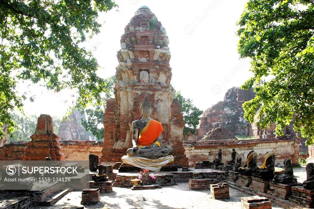 Thailand, Ayutthaya, wade Mahathat, pagoda, statue of buddha, sacrifices,