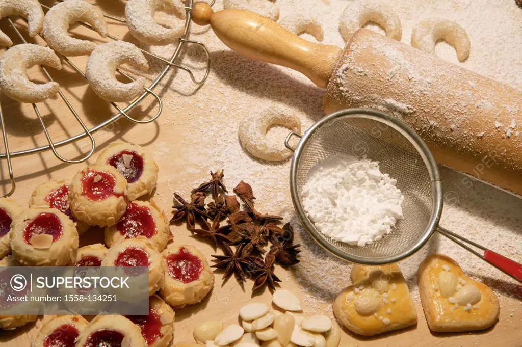 Christmas-bakery, places, differently, rolling pin, detail, series, kitchen, pastries, bakes, Christmas-places bake pre-Christmas time, Advent-time, C...