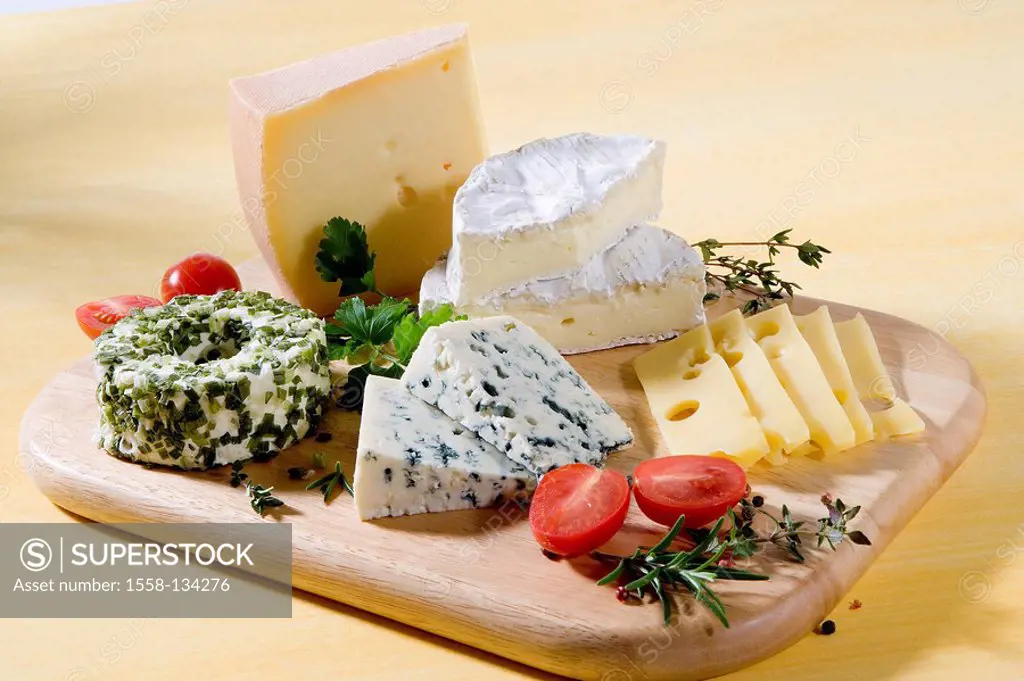 Cheese-plate, series, food, still life, cheese-plates, cheese, selection, kinds, differently, milk-products, herbs, tomatoes, mountain-cheese, Camembe...