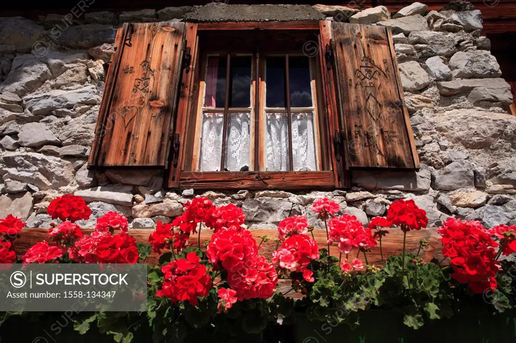 Austria, Tyrol, house, old, rustic, detail, windows, flower-boxes, geraniums, spring, Karwendelregion, stone-house, residence, farmhouse, alm, mountai...