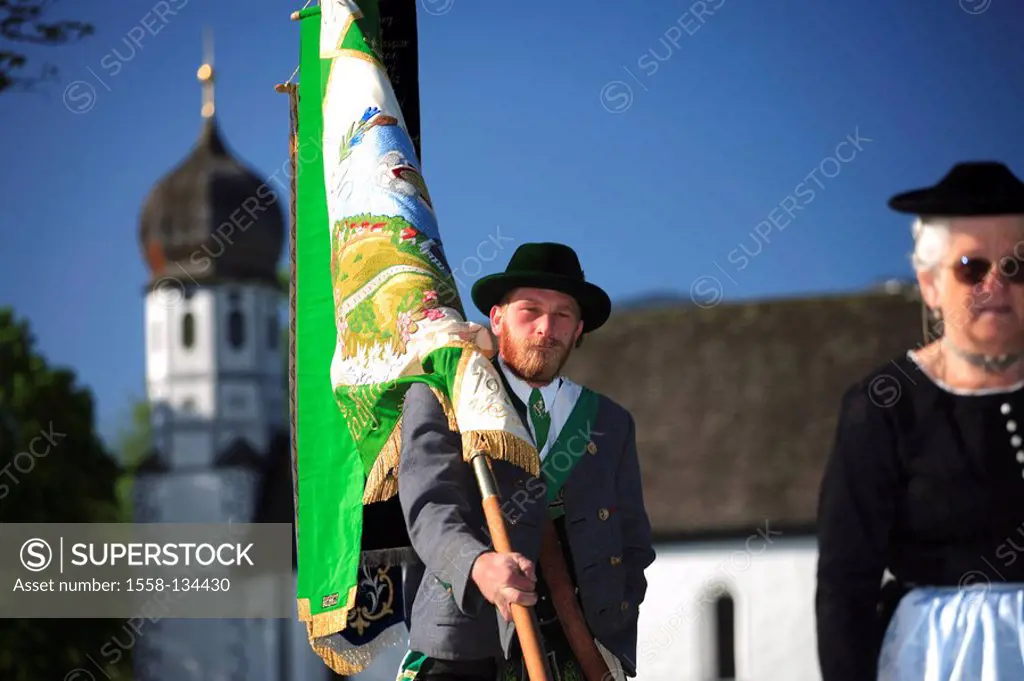 Germany, Bavaria, Fischbachau, Feast of Corpus Christi-day, traditional costum-pilgrimage, pilgrims, standard-bearers, , Upper Bavaria, Leitzachtal, F...