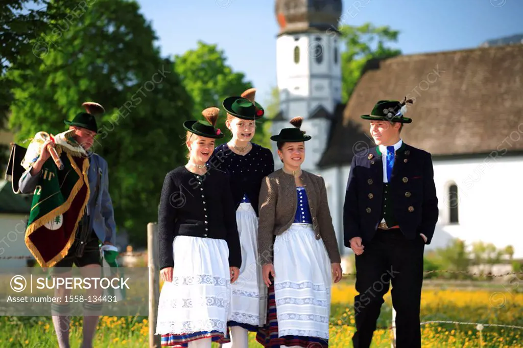Germany, Bavaria, Fischbachau, Feast of Corpus Christi-day, traditional costum-pilgrimage, pilgrims, teenagers, , Upper Bavaria, Leitzachtal, Feast of...