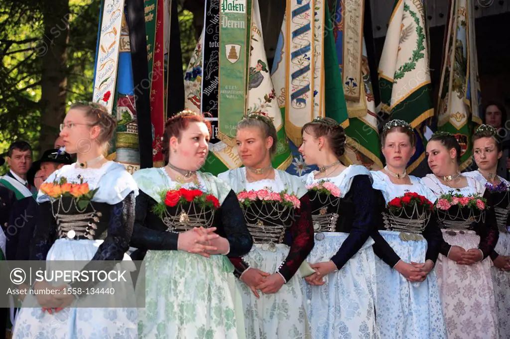 Germany, Bavaria, Fischbachau, birch-stone, Feast of Corpus Christi-day, pilgrims, women, young, flags, no models Leitzachtal, Feast of Corpus Christi...