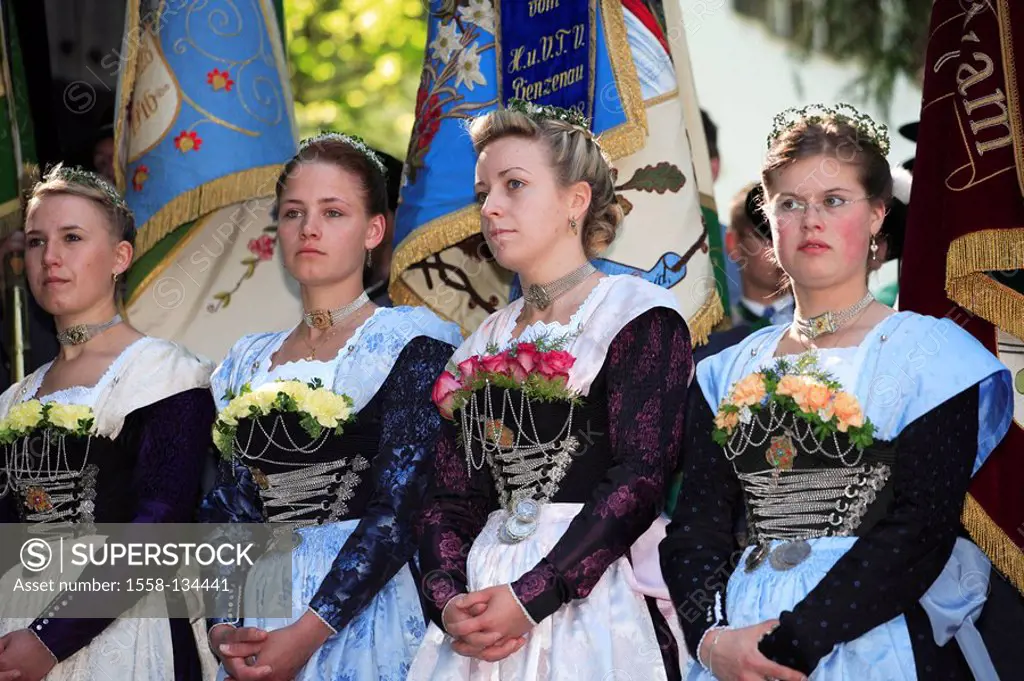 Germany, Bavaria, Fischbachau, birch-stone, Feast of Corpus Christi-day, pilgrims, women, young, flags, no models Leitzachtal, Feast of Corpus Christi...