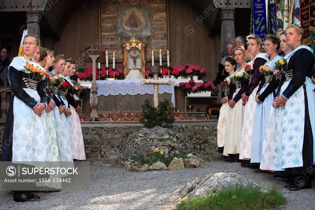 Germany, Bavaria, Fischbachau, birch-stone, Feast of Corpus Christi-day, pilgrims, free-altar, women, young, no models Leitzachtal, Feast of Corpus Ch...