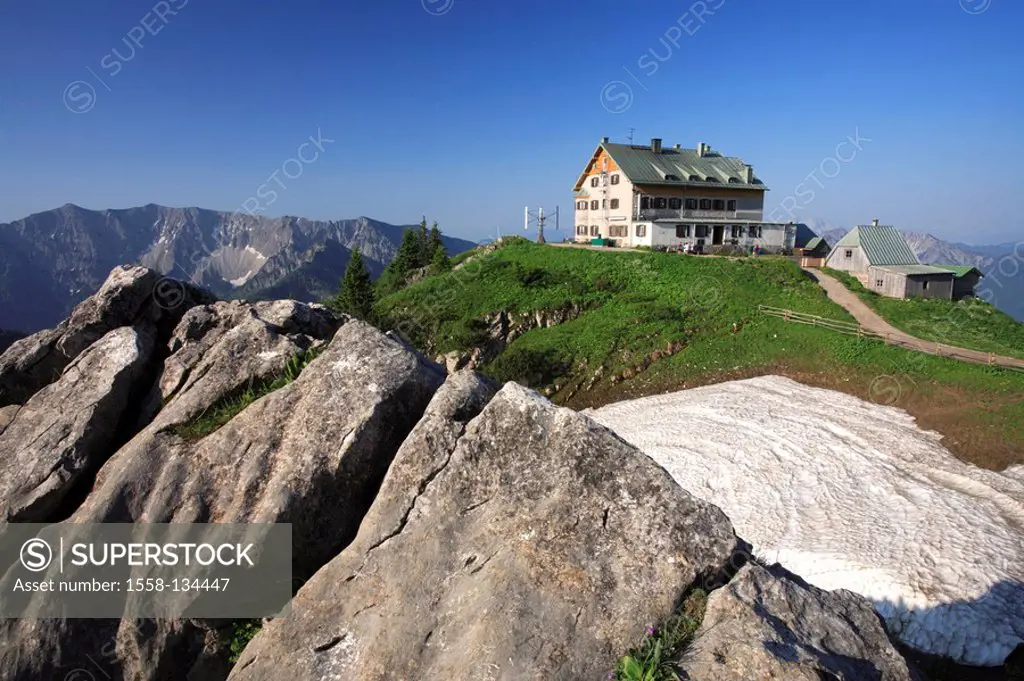 Germany, Bavaria, Mangfallgebirge, red-wall, mountain hut, red-wall-house, summer, Upper Bavaria, Alps, Bavarian pre-Alps, mountains, mountains, mount...