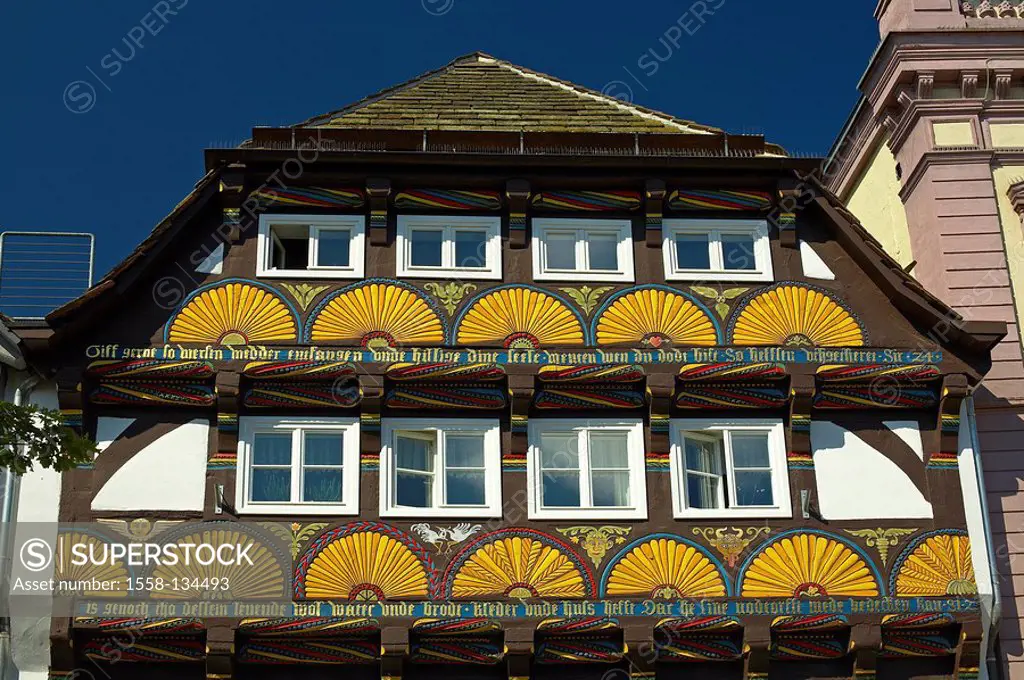 Germany, North Rhine-Westphalia, Höxter, market place, timbering-house, facade, detail, Northern Germany, Weser-highland, city center, house, house-fa...