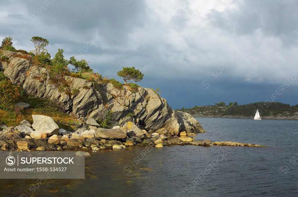 Norway, Stavanger, rock-coast, fjord, sailboat, cloud-mood, Scandinavia, southwest-coast, coast, rocks, stones, vegetation, lake, ship, boat, symbol, ...