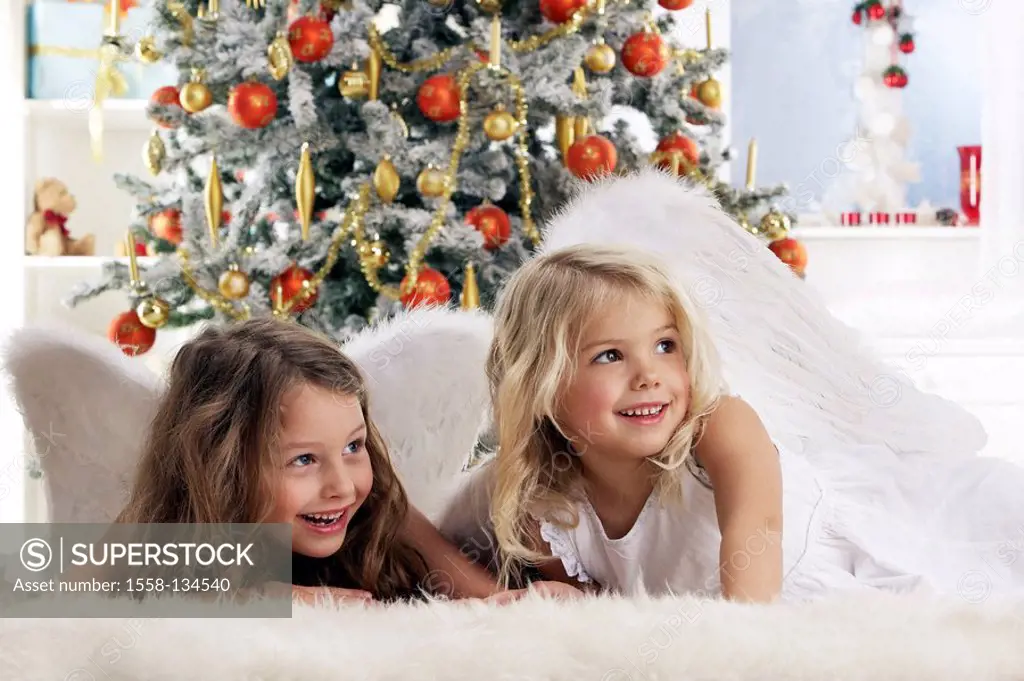 Christmas, sisters, angel wings, Christmas-angels, carpet, lie, background, Christian-tree, detail, portrait, series, people, children, girl, two, 3-7...