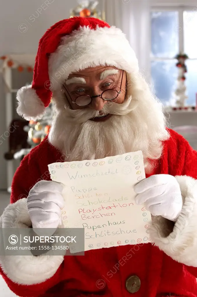 Santa Claus, glasses, wish lists, reading, semi-portrait, series, people, man, men´s-portrait, disguise, beard, artificially, intoxication-beard, cap,...