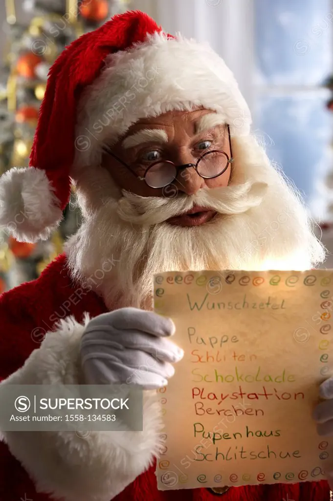 Santa Claus, glasses, wish lists, reading, facial expression, is amazed, surprises, portrait, Living room, people, man, men´s-portrait, disguise, bear...