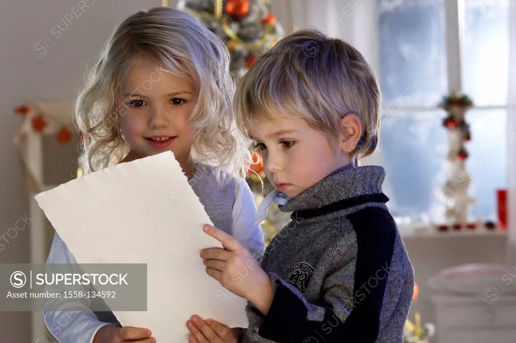 Christmas, children, wish lists, views, smiling, portrait, Christmas time, Christmas Eve, pre-Christmas time, people, boy, girl, siblings, two, blond,...