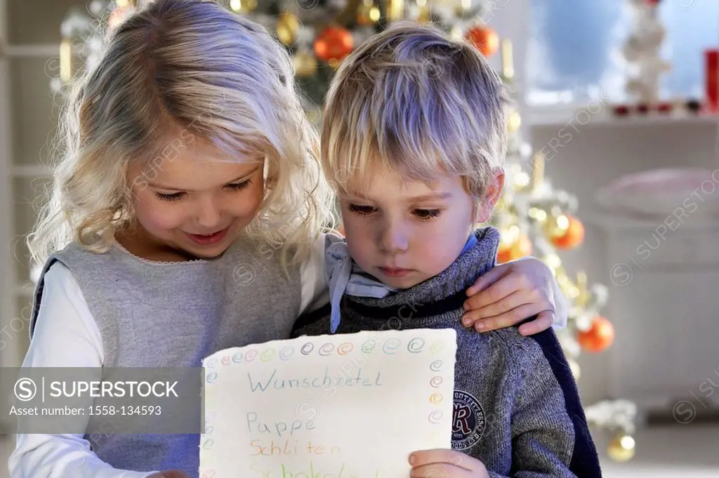 Christmas, children, wish lists, reading, semi-portrait, series, people, childhood, 4-6 years, siblings, girl, boy, blond, smiling, holds happily, pap...