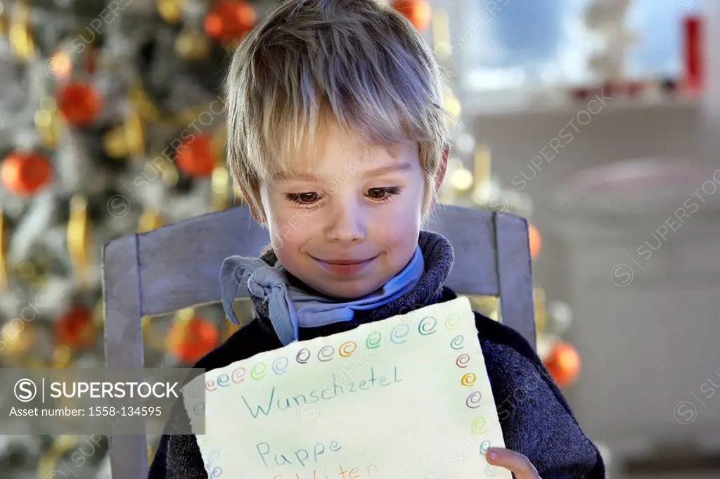 Christmas, chair, boy, wish lists, view, smiling, portrait, Christmas time, Christmas Eve, pre-Christmas time, people, child, blond, cheerfully, happi...
