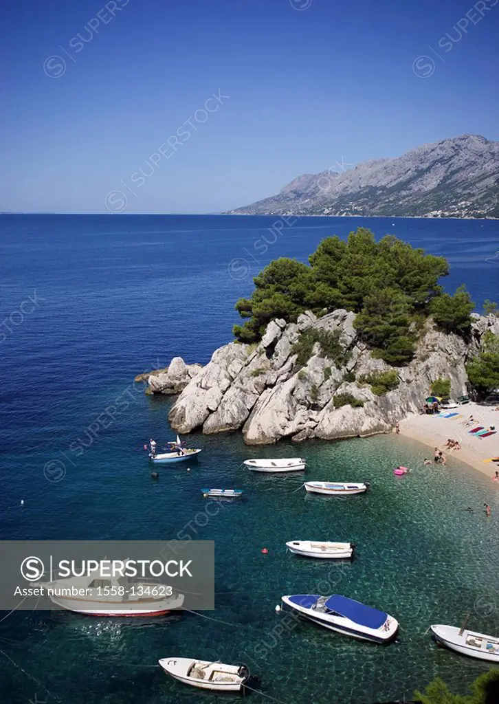 Croatia, Dalmatia, Makarska Riviera, Brela, bathing-bay, series, Europe, destination, sea, Mediterranean, coast, beach, bay, boats, swimmers, people, ...