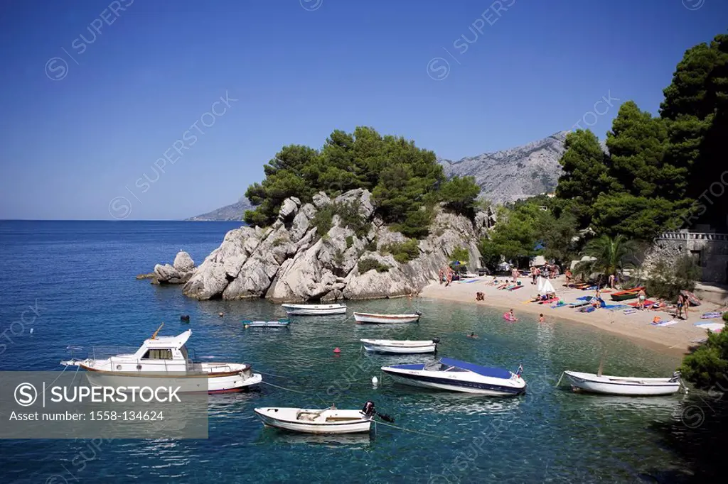 Croatia, Dalmatia, Makarska Riviera, Brela, bathing-bay, series, Europe, destination, sea, Mediterranean, coast, beach, bay, boats, swimmers, people, ...