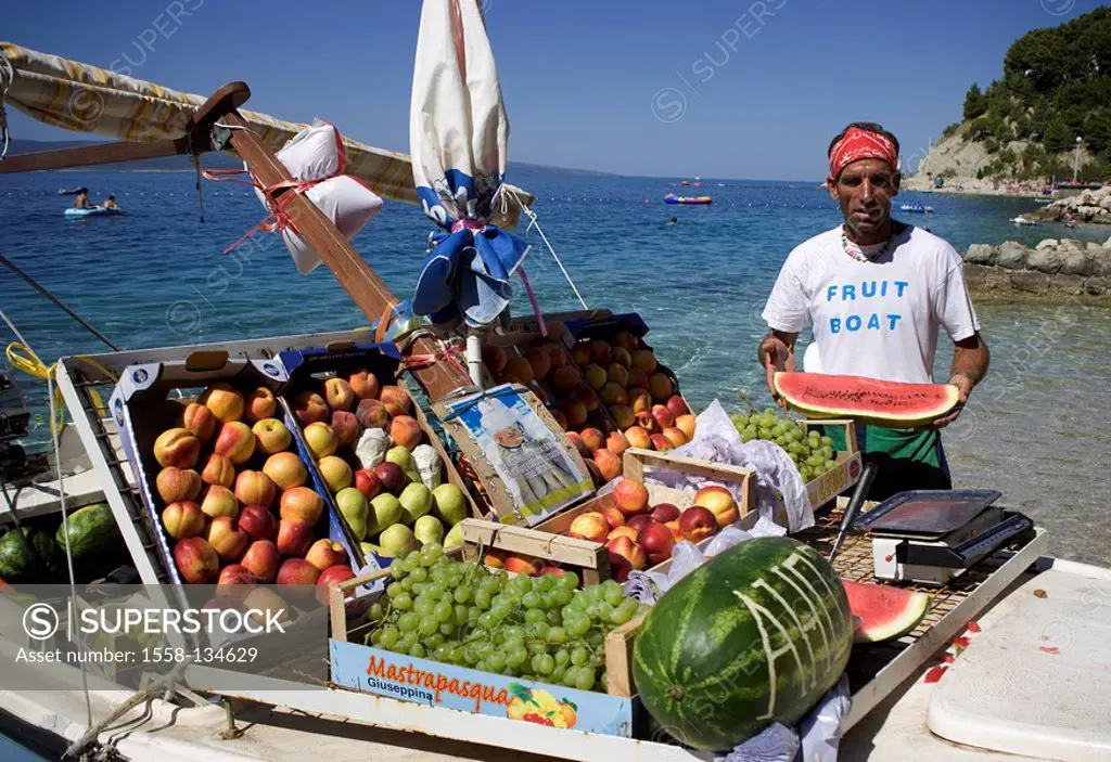 Croatia, Dalmatia, models boat, man, sale, fruit, no release, series, Makarska Riviera, Brela, Europe, destination, tourism, sunny, water, salesperson...