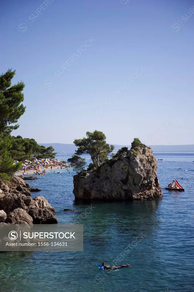Croatia, Dalmatia, Makarska Riviera, Brela, bathing-bay, rocks, Europe, destination, sea, Mediterranean, coast, bay, swimmers, people, tourists, vacat...