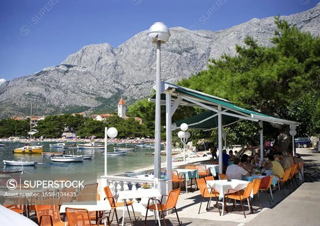 Croatia, Dalmatia, Makarska Riviera, Promajna, beach, restaurant, boats, Europe, destination, coast, beach, Biokovo mountains, place, church, steeple,...