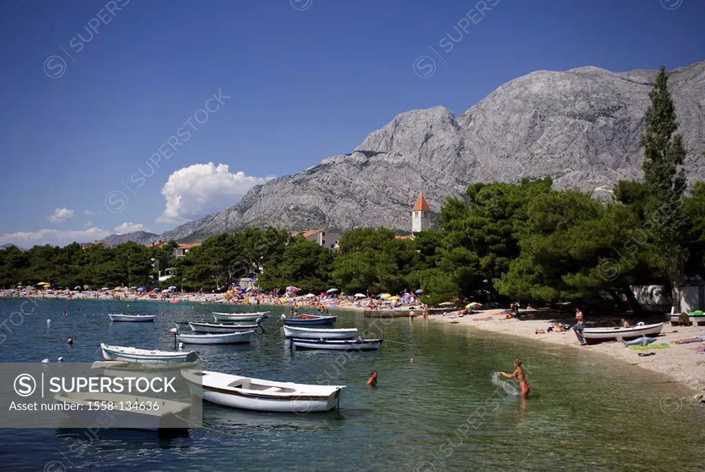 Croatia, Dalmatia, Makarska Riviera, Promajna, beach, swimmers, boats, Europe, destination, coast, beach, Biokovo mountains, place, church, steeple, b...