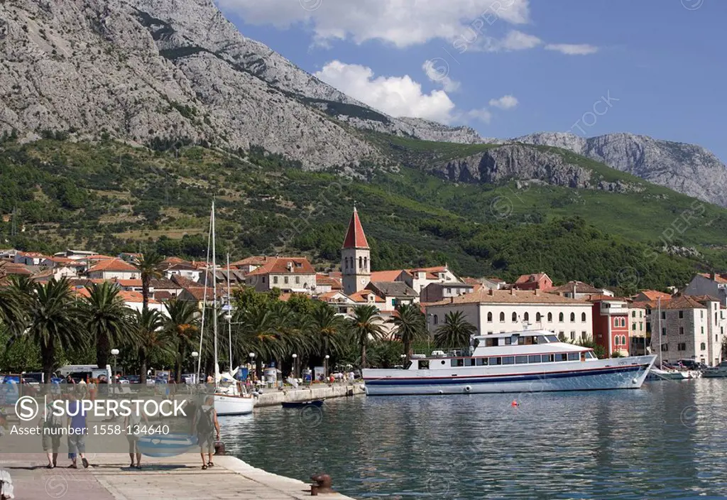 Croatia, Dalmatia, Makarska, promenade, Biokovo mountains, Europe, destination, Makarska Riviera, city view, church, steeple, palms, sea, Mediterranea...