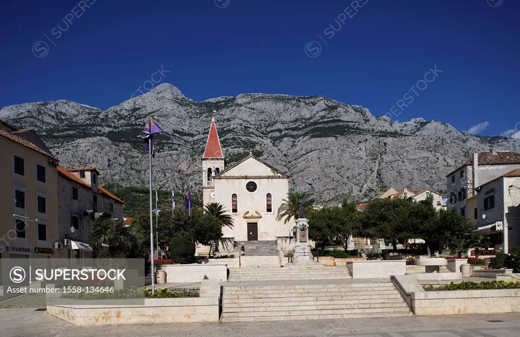 Croatia, Dalmatia, Makarska, Kacicev trg, church, monument, Europe, Makarska Riviera, destination, city, sight, city center, place, centrally, Lord´s ...