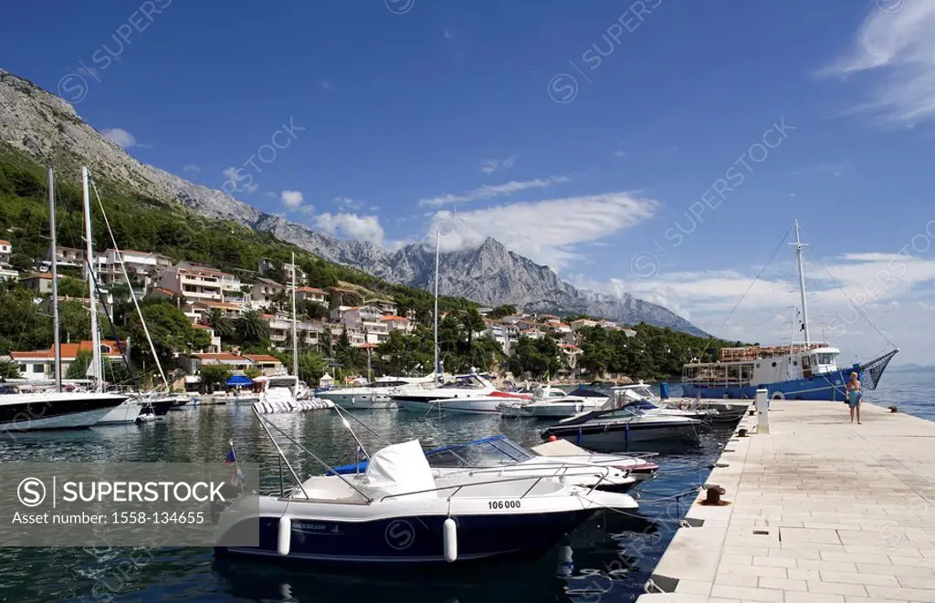 Croatia, Dalmatia, Makarska Riviera, Brela, harbor, Europe, destination, tourist resort, Adriatic, sea, Mediterranean, harbor-place, harbor-promenade,...