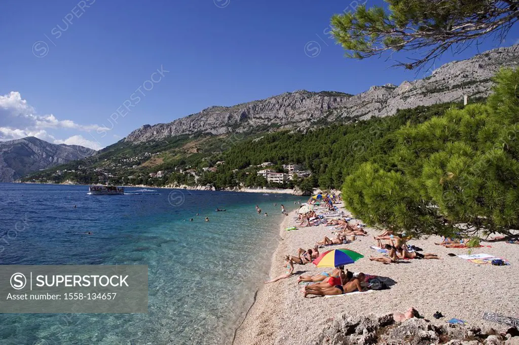 Croatia, Dalmatia, Makarska Riviera, Brela, beach, Europe, destination, tourist resort, Adriatic, sea, Mediterranean, sandy beach, beach, people, swim...