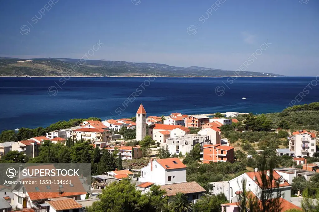 Croatia, Dalmatia, Promajna, city view, Europe, Makarska Riviera, destination, sight, tourist resort, Adriatic, sea, Mediterranean, city, church, stee...