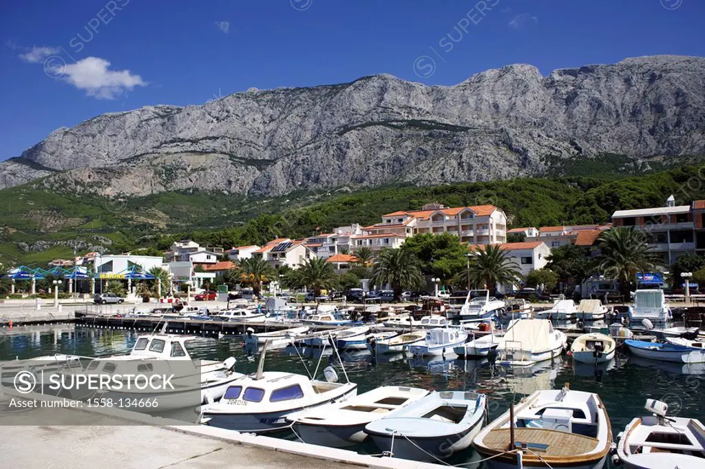 Croatia, Dalmatia, Makarska Riviera, Tucepi, harbor, Europe, destination, tourist resort, Adriatic, sea, Mediterranean, mountains, Biokovo mountains, ...
