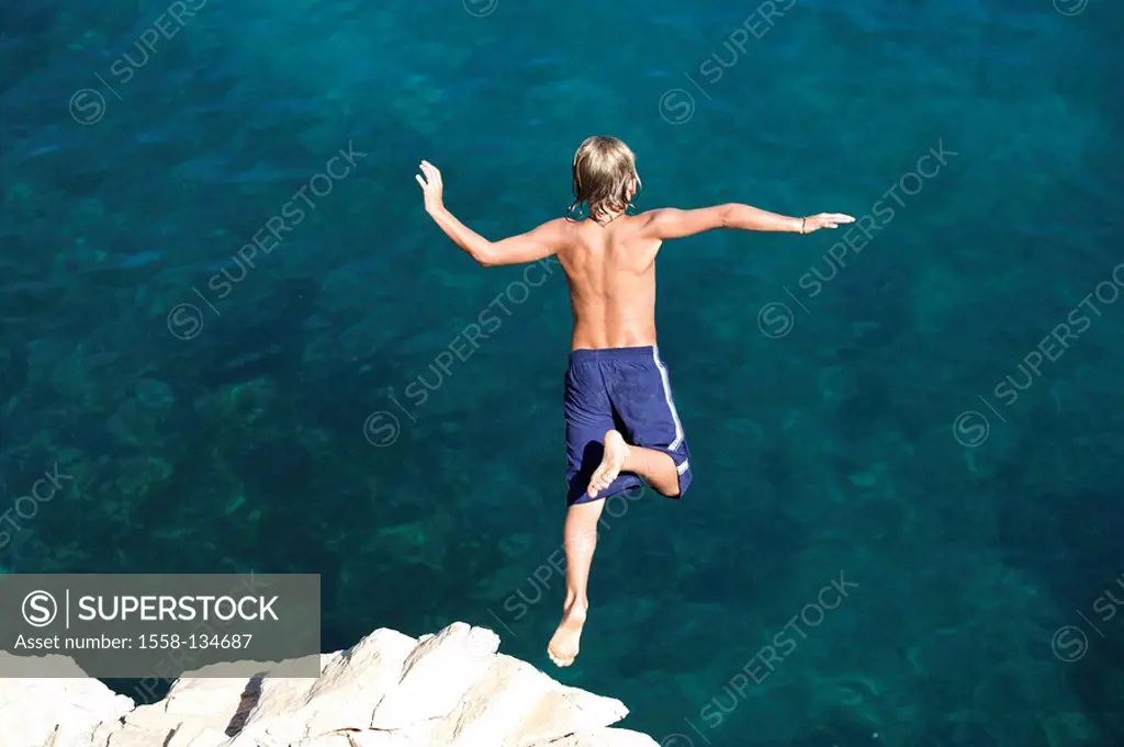 lake, rocks, boy, Klippenspringen, back view, series, people, child, swim-suit, trunks, blue, full-length, rocks, coast, vacation, vacation, fun, cour...