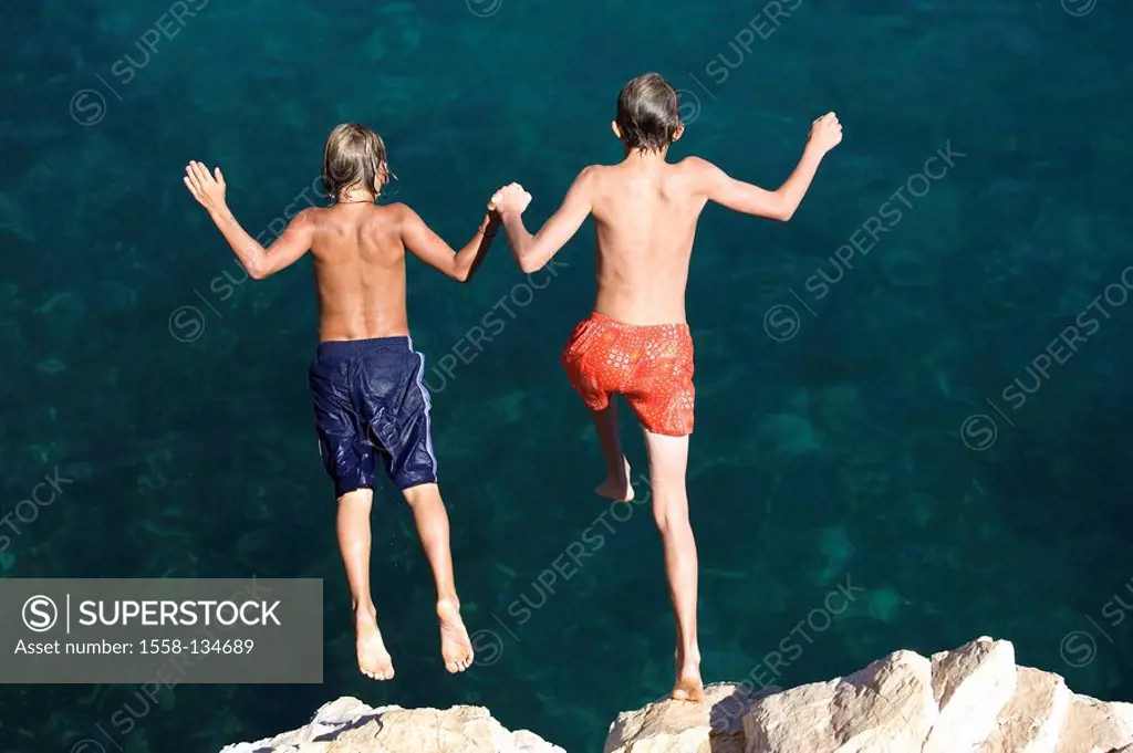 lake, rocks, boys, hand in hand, Klippenspringen, back view, series, people, children, two, swim-suit, trunks, full-length, rocks, coast, vacation, va...