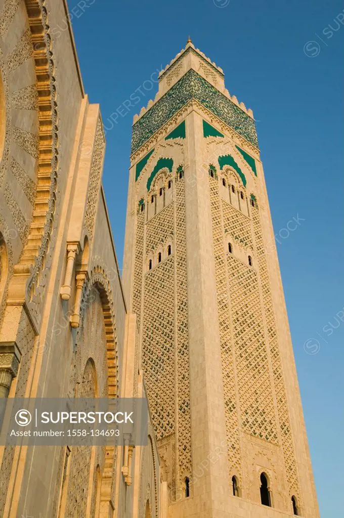 Morocco, Casablanca, mosque Hassan II, minaret, city, destination, sight, culture, construction, Hassan-II -Mosque, buildings, architecture, height bu...