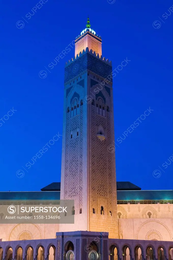 Morocco, Casablanca, mosque Hassan II, minaret, illumination, evening, city, destination, sight, culture, construction, Hassen-II -Mosque, buildings, ...