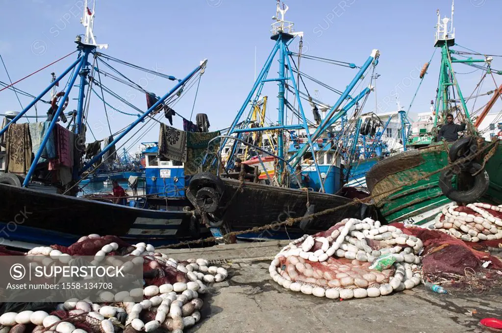 Morocco, Casablanca, fisher-harbor, cutters, nets, city, port, Port de bad luck, harbor, fishery, economy, boats, fish-cutters, haul, fisher-nets, out...