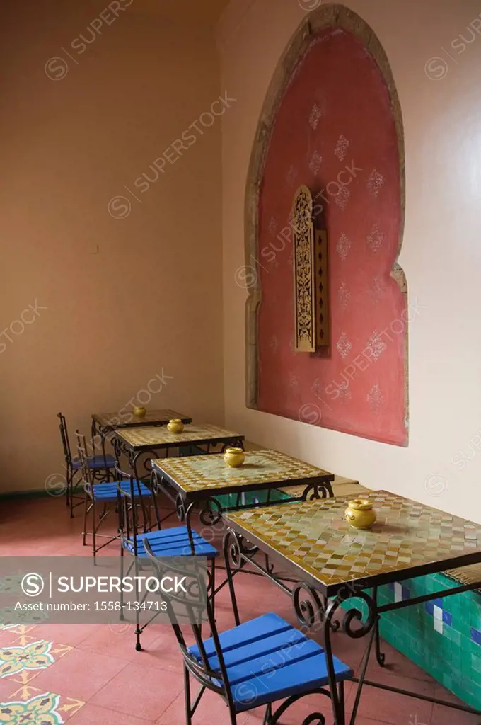 Morocco, Casablanca, Old Town, cafe, detail, tables, old Medina, pub, cafe-table, chair, wrought-iron, wall, wall, red, pattern, ornaments, tiles, col...